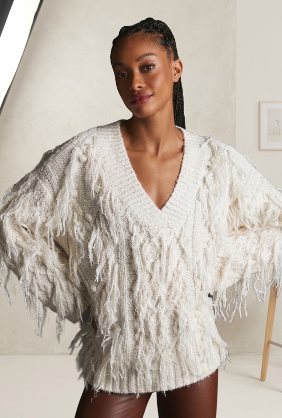 Anthropologie XS Ivory Oversized Metallic Fringe Cable Knit Sweater EUC